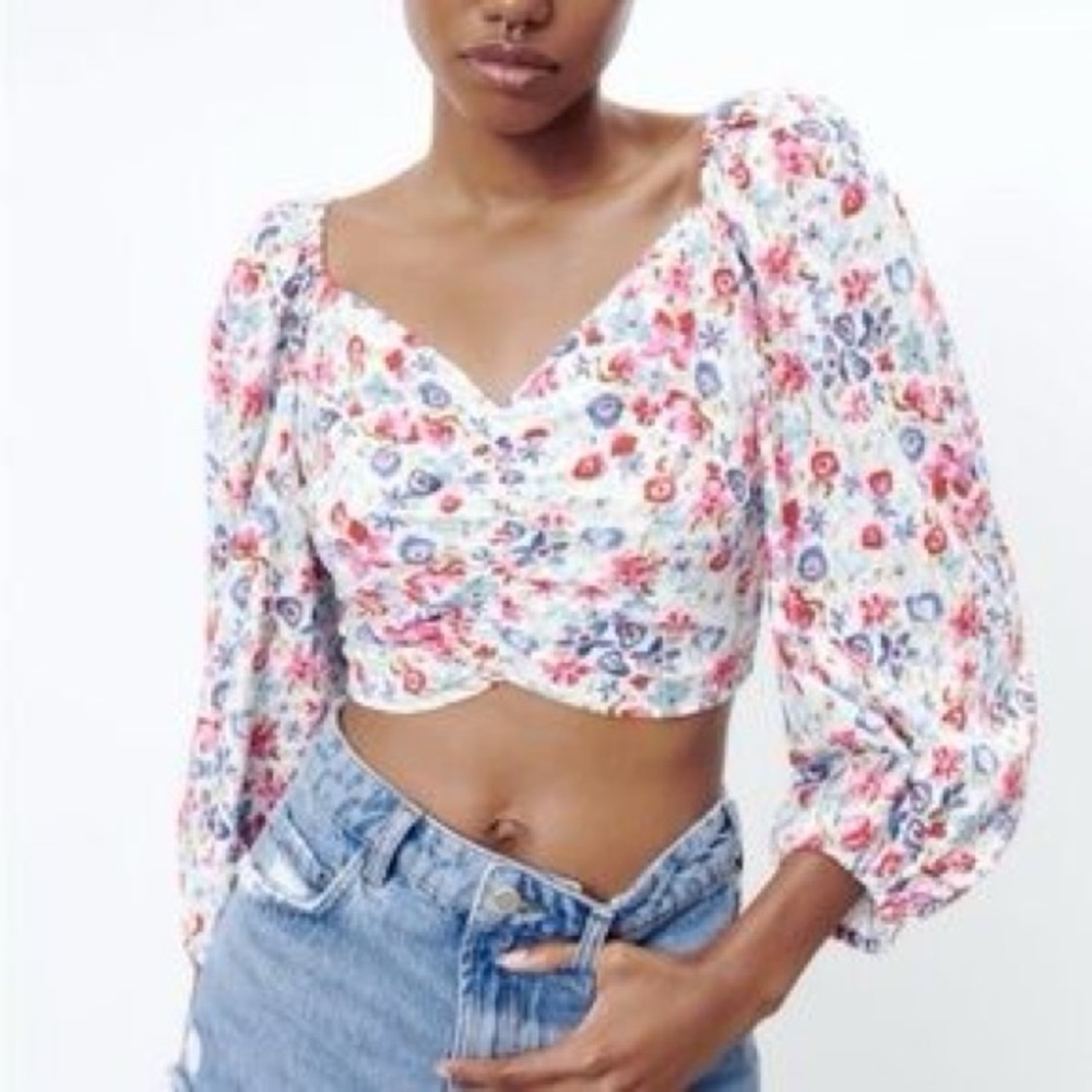 Zara - Colorful Floral Long Sleeve Tie Back Bohohemian Crop Blouse Size Small
